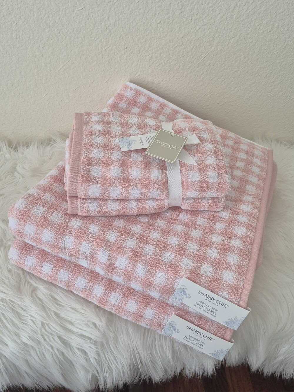 Shabby Chic 100% Cotton Bath & hand Towel set of 4pc pink & white Plaid